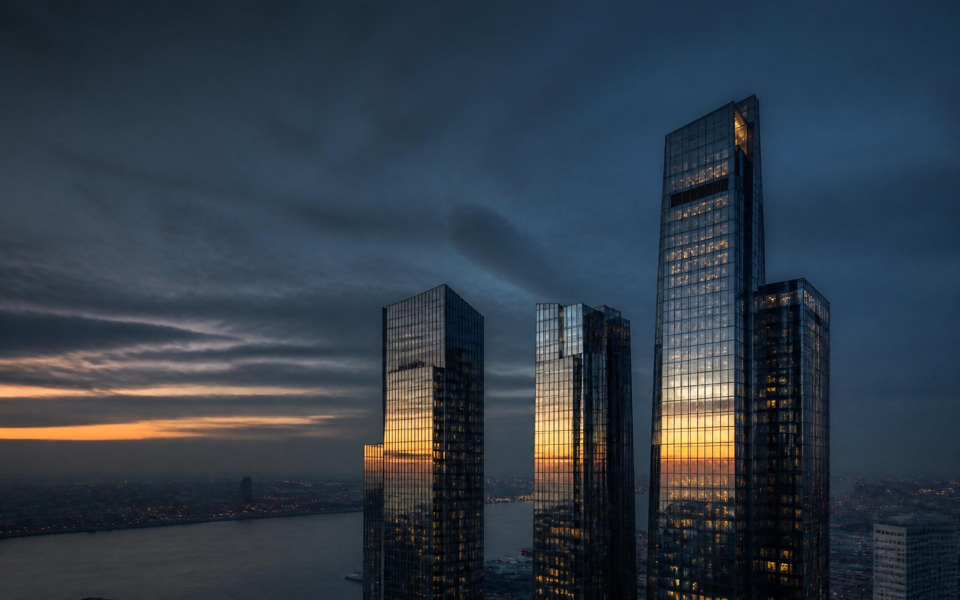 Skyline moderno ao entardecer com torres residenciais premium
